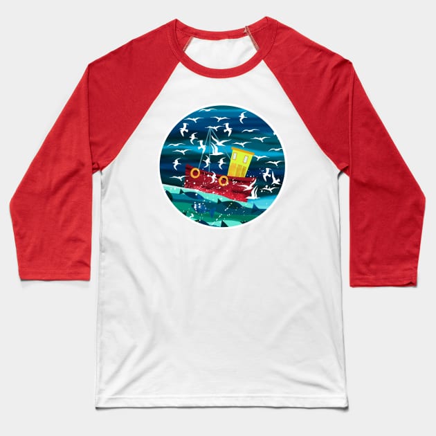 Red Fishing Boat Baseball T-Shirt by Scratch